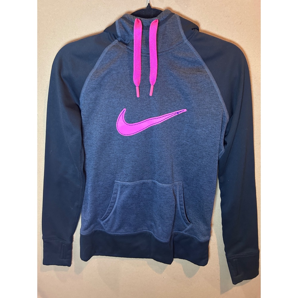 Nike Therma-FIT Hoodie Womens Small Gray Pink Pullover Sweatshirt Swoosh Logo